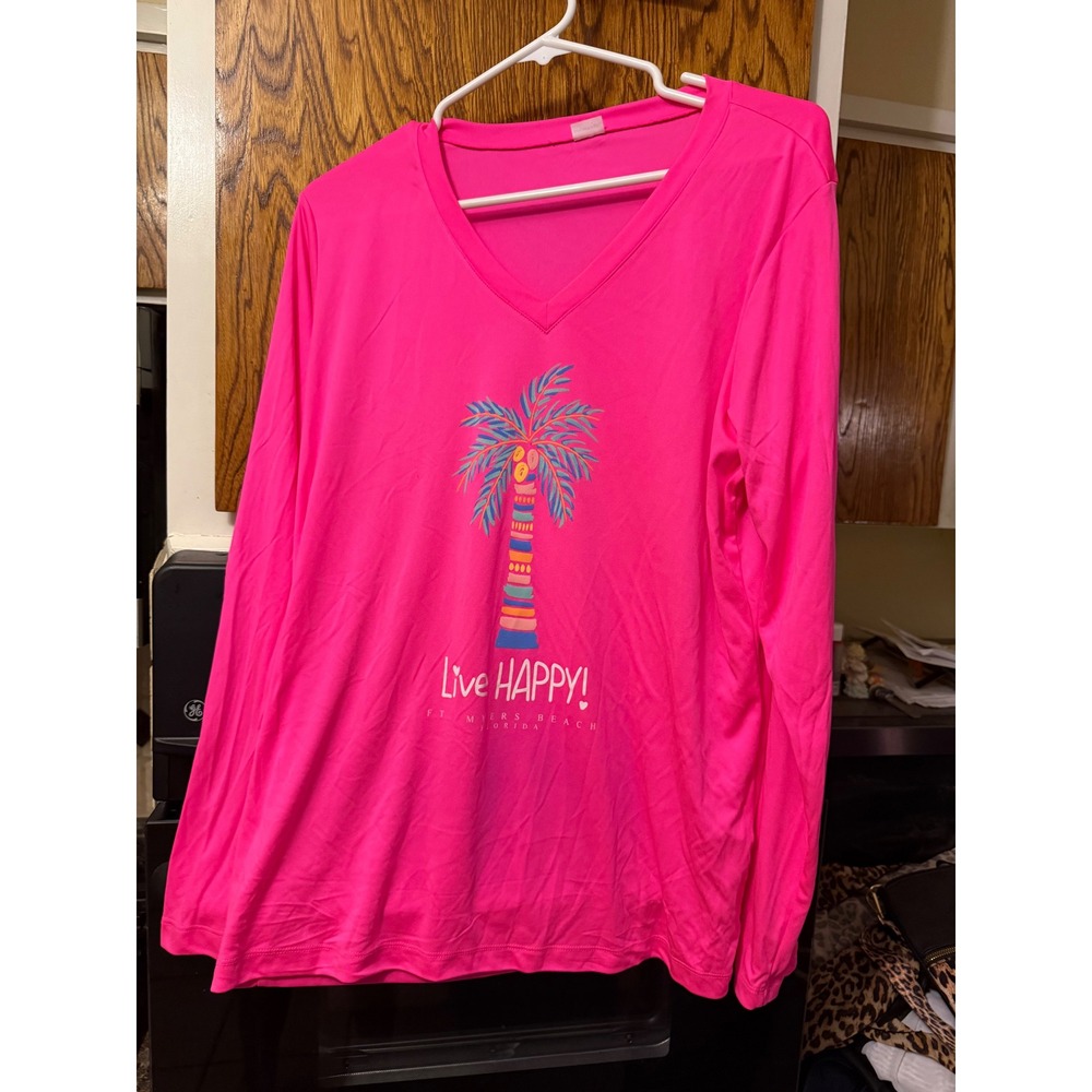 Sport Tek Live Happy Palm Tree V Neck Long Sleeve Shirt Ladies XL Pink